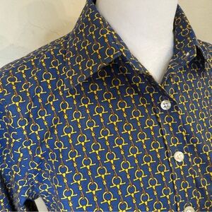 Lands End 6P blue All Over Stirrup Print Blouse Womens Equestrian Horse